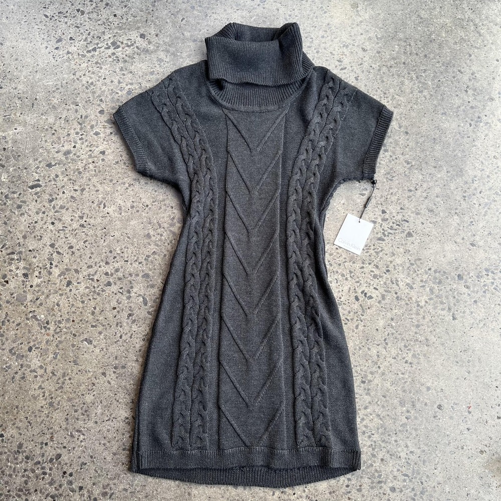 Calvin Klein Sweater Dress Womens Small Gray Short Sleeve Cowl Neck Cable Knit‎
